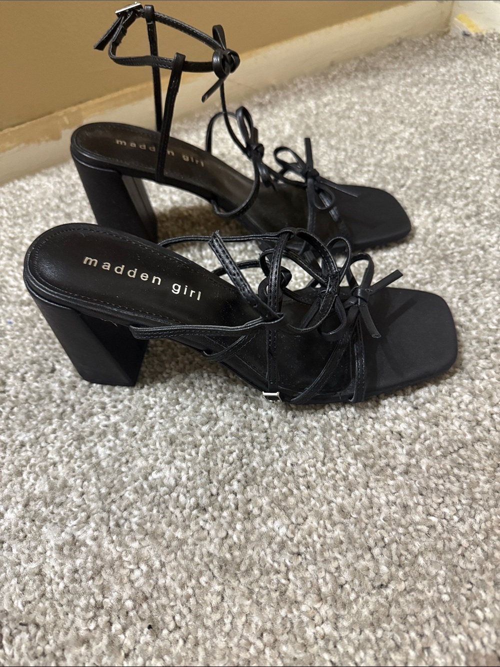Madden Girl Black Strappy Block Heels with Ankle Tie